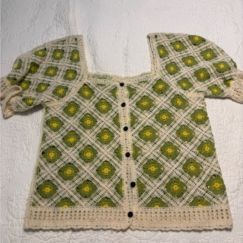 Good Luck Gem Open-Front Crochet Cardigan in Cream, Green & Yellow